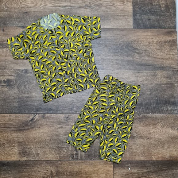 Children's 2 Piece West African Yellow Ankara Button Up Shirt And Pants Set 18m - Picture 1 of 6